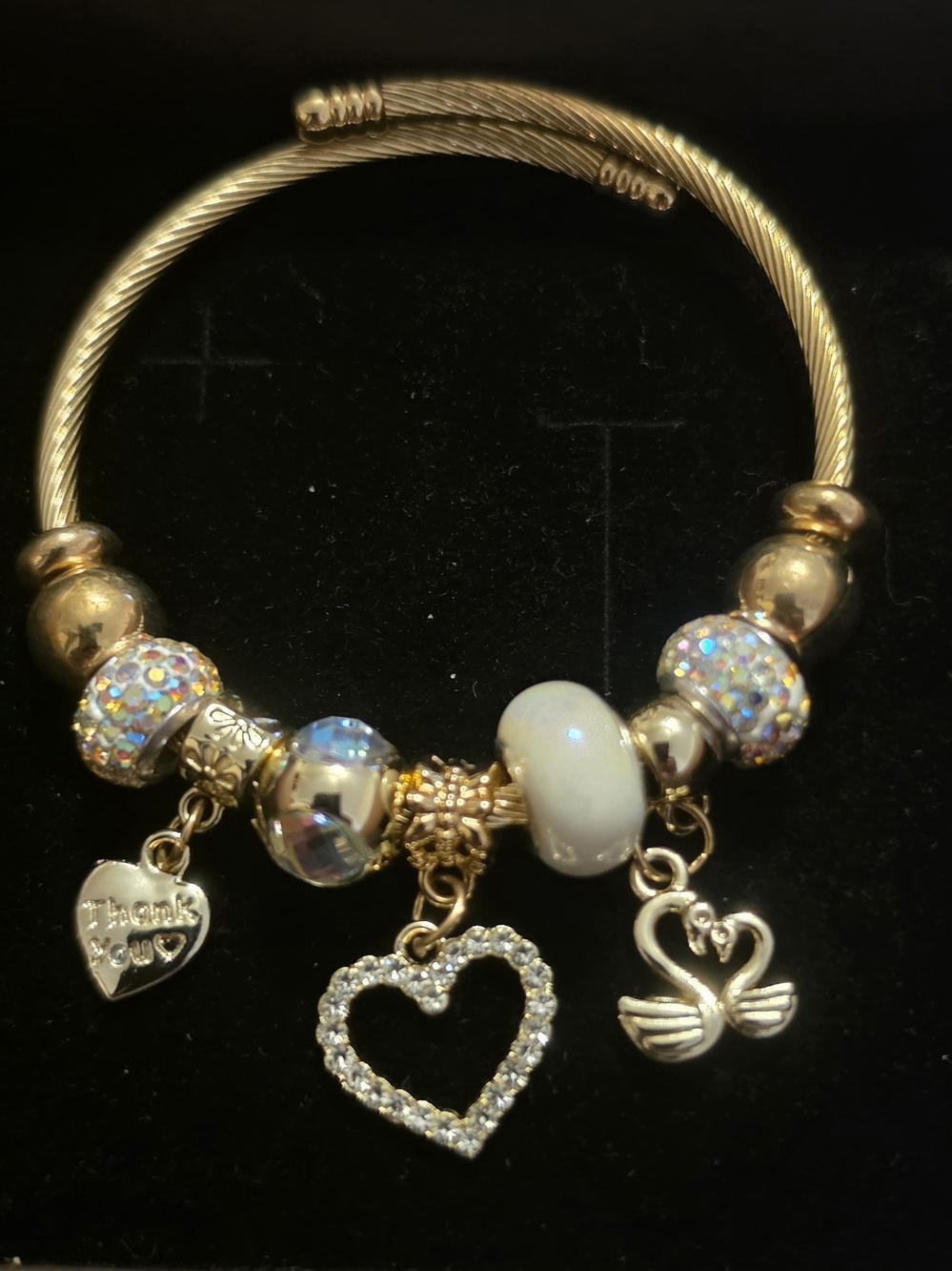 Gold-Tone Heart & Swan Charm Bracelet with Iridescent Beads